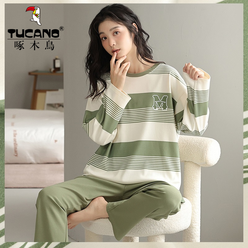 啄木鸟睡衣女春秋季新款纯棉长袖长裤两件套冬夏天女士休闲家居两高清大图