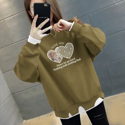 假两件秋冬款上衣时尚不规则宽松显瘦ins加绒/不加绒女士卫衣 薄款-透明爱心【橄榄绿】 XL建议120-140斤