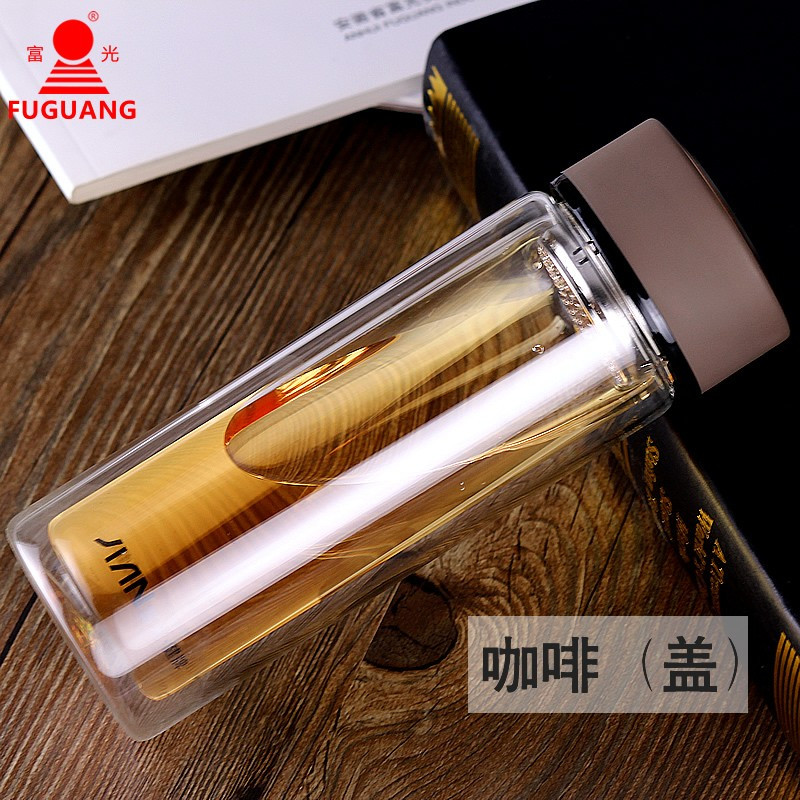 富光玻璃茶杯双层水杯子320ml办公家用耐热泡茶杯子X1627-SP 320ml咖啡色