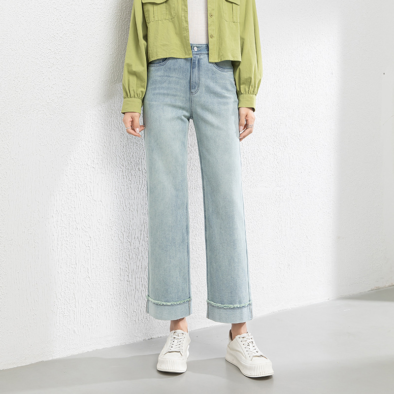 2025春季新款宽松牛仔裤女韩版外翻脚口毛边九分裤直筒裤