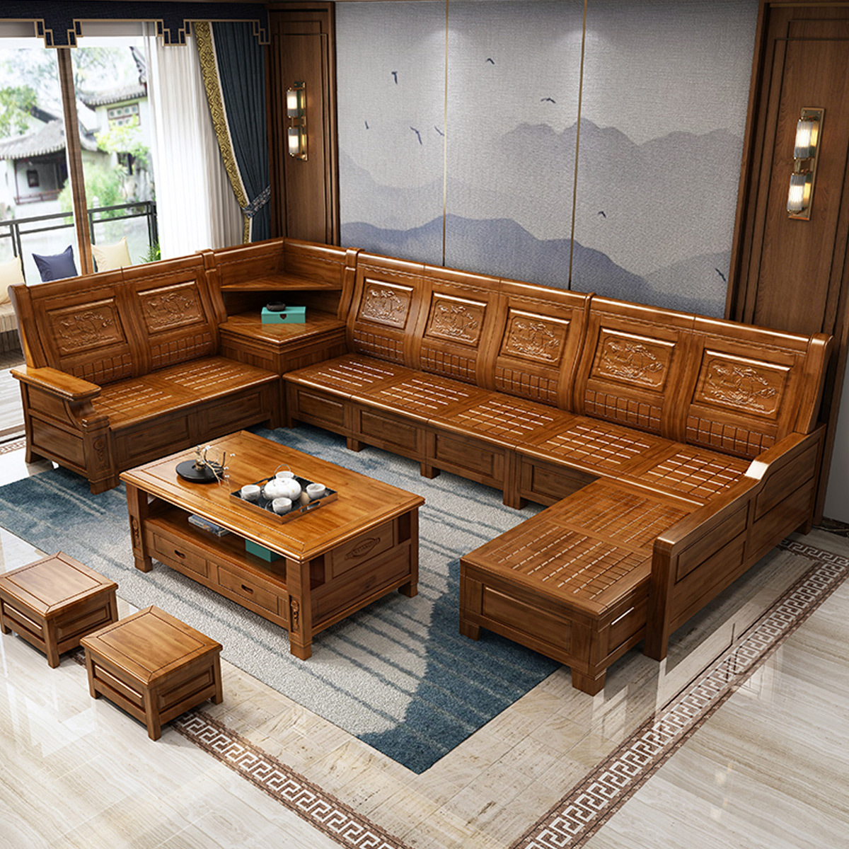 月影梳桐实木沙发组合 现代中式香樟木客厅家具 小户型 多功能木质