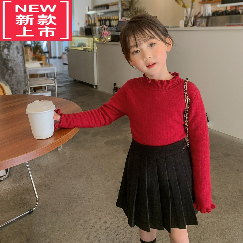 可莉允女童打底毛衣儿童花边领洋气针织衫加绒加厚秋冬2022新款童装