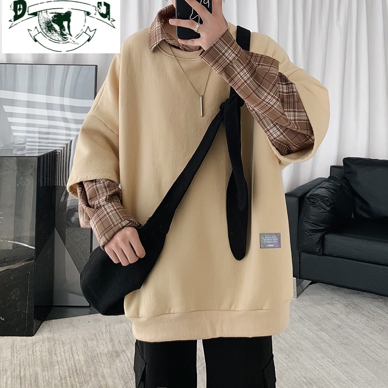 hlcoman假两件卫衣男生潮流格子衬衫韩版春秋款宽松上衣外套卫衣