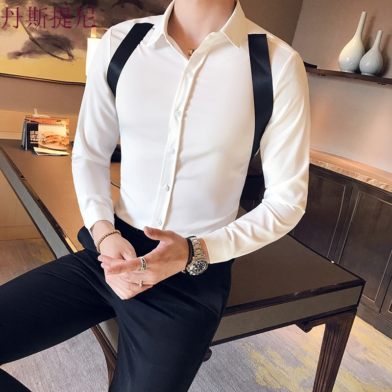 秋季新款男士长袖衬衫休闲修身韩版潮流时尚个性背带型师男衬衣