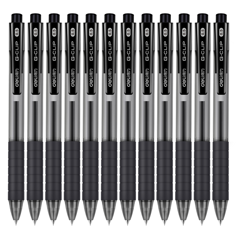 得力中性笔0.5mm办公签字笔按压笔芯12只黑色学生用考试水笔碳素笔水性笔黑笔办公文具用品批发S06HEI