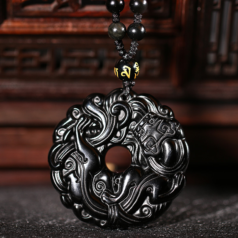 天然黑曜石草龙吊坠辟邪吊坠招财吊坠