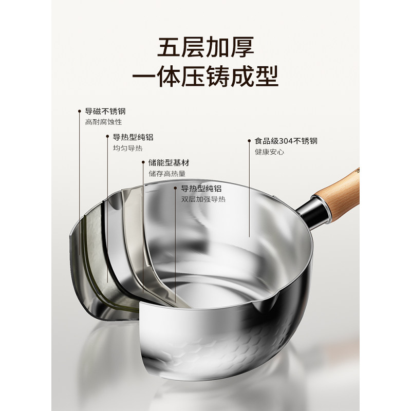 素味 无涂层小奶锅日式雪平锅宝宝专用辅食锅不锈钢婴儿家用泡面汤锅 18cm高清大图