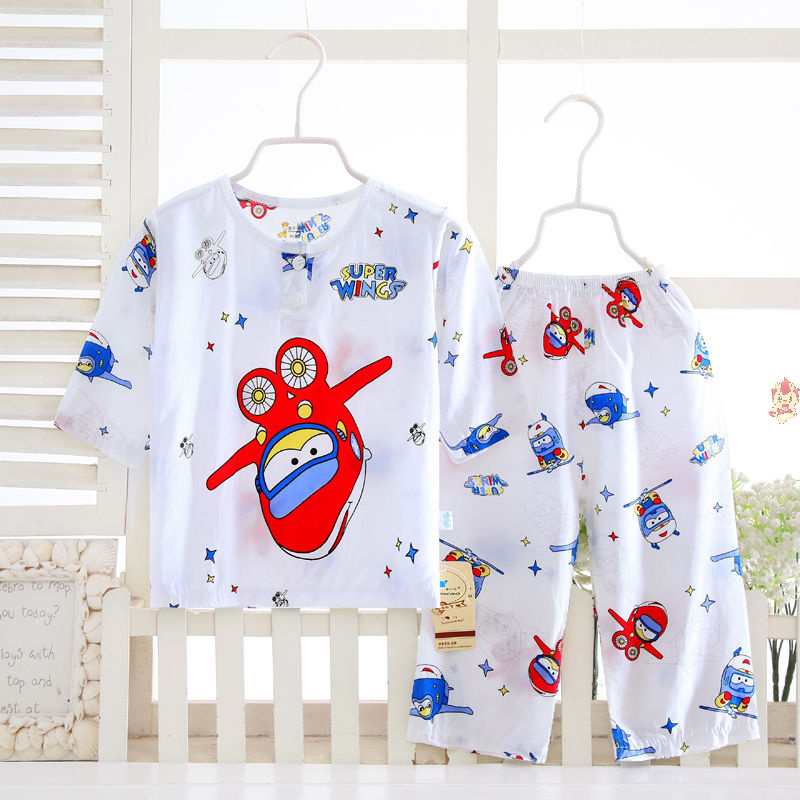 夏季宝宝绵绸睡衣男女童棉绸套装婴幼儿衣服中大童小孩家居服薄款
