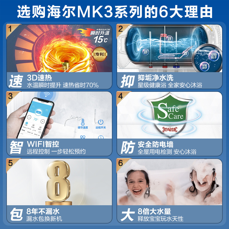Haier/海尔80升电热水器 3D速热 抑垢净水洗 智能温水 WIFI智控 8倍大水量 EC8005-MK3(U1)