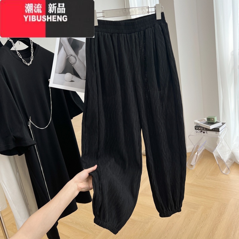 YIBUSHENG设计感压褶高级感松紧腰哈伦裤女季薄款休闲裤宽松九分裤子潮高清大图