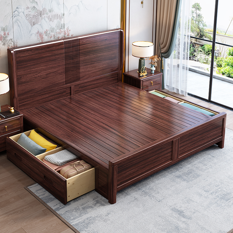 青木川 新中式实木床1.5米单人床1.8米双人床主卧室房间成人结婚处收纳储物床带抽屉高箱体简约现代酒店民宿高清大图
