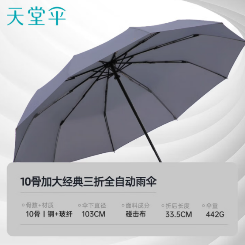 天堂全自动雨伞10K三折30729加固一键开收易甩干简约晴雨伞兰灰色伞下103CM