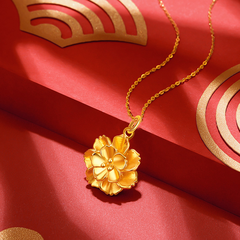 gzuan古钻珠宝牡丹花黄金大花送妈妈礼物黄金吊坠赠s925银镀金项链yjd