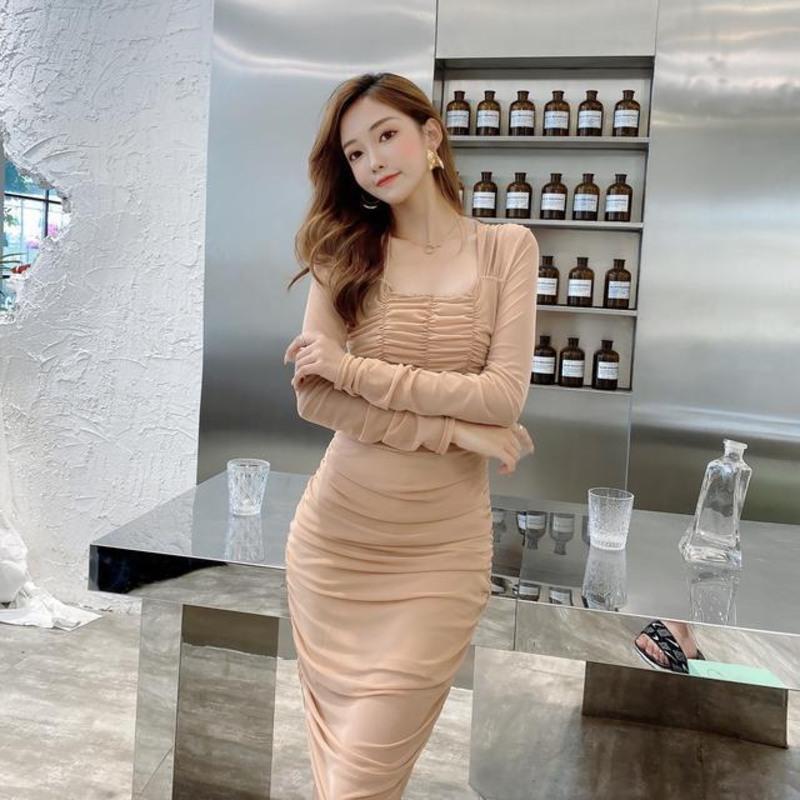 秋装2021年新款女ol气质御姐风显身材修身包臀性感网纱褶皱连衣裙 杏色 S