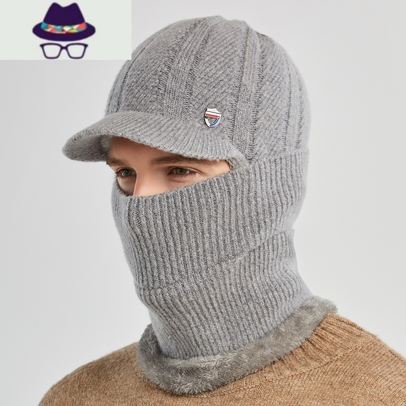帽子男冬季保暖加绒毛线帽秋冬天骑行电动车围脖口罩一体防寒棉帽fish