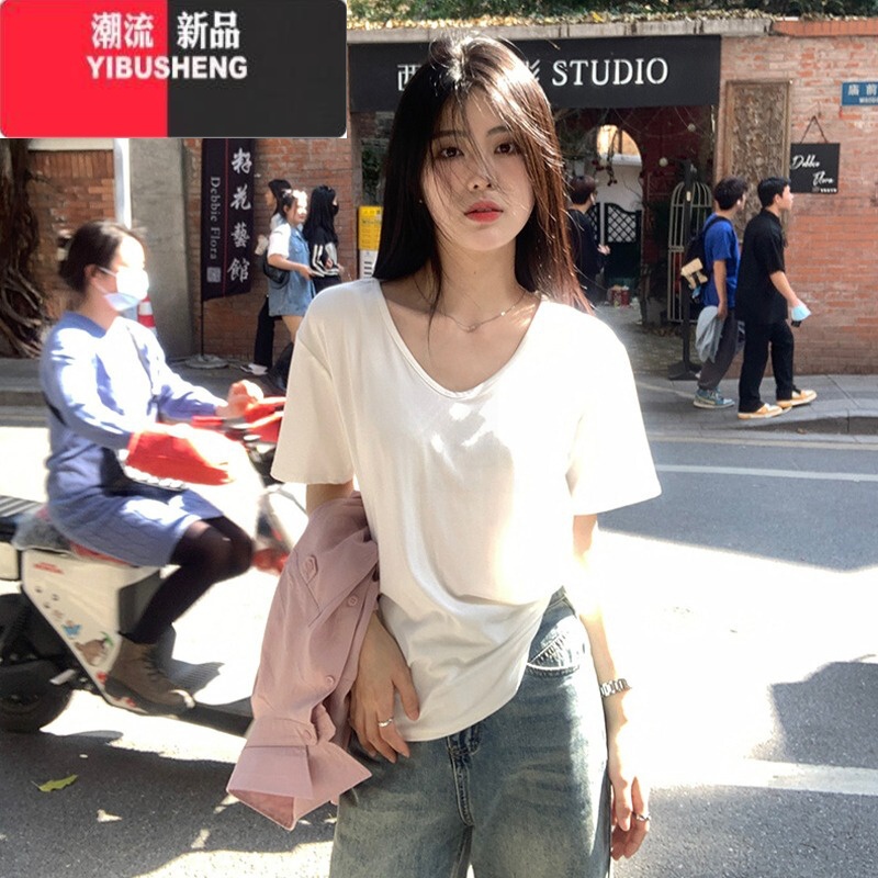 YIBUSHENG白色正肩短袖t恤女季2024年新款打底衫宽松显瘦别致V领法式上衣高清大图