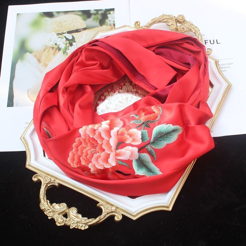 红色苏州刺绣春秋款真丝绣花围巾牡丹桑蚕丝披肩苏绣丝巾母亲节送妈妈
