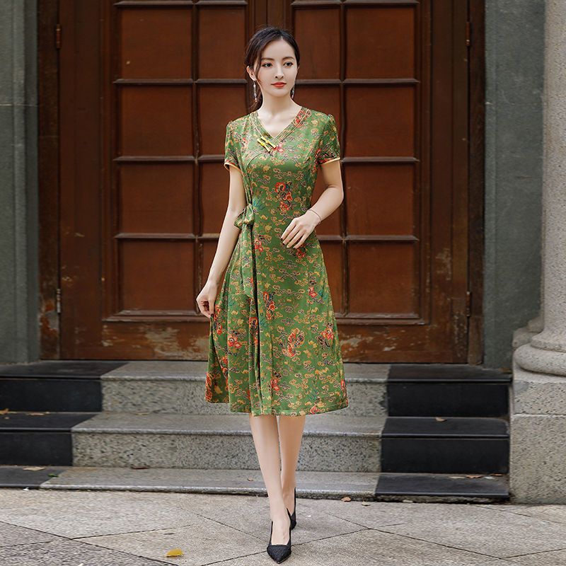 美帛夏季新款旗袍女中国风日常改良版低领中长款旗袍连衣裙女