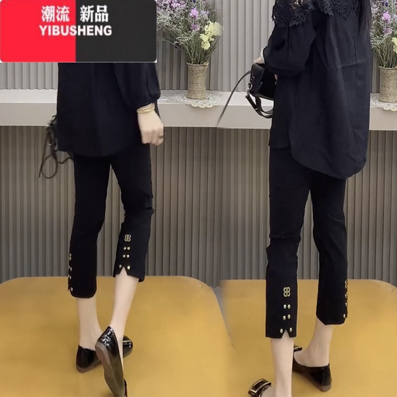 YIBUSHENG2024年季新款排扣冰丝速干裤女八分裤显瘦百搭直筒烟管裤休闲裤高清大图