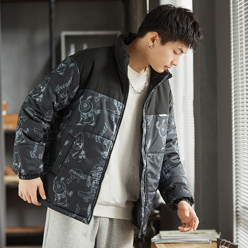 [2.5折价153元]唐狮棉衣外套男立领宽松拼接满印棉服男冬季棉衣外套男