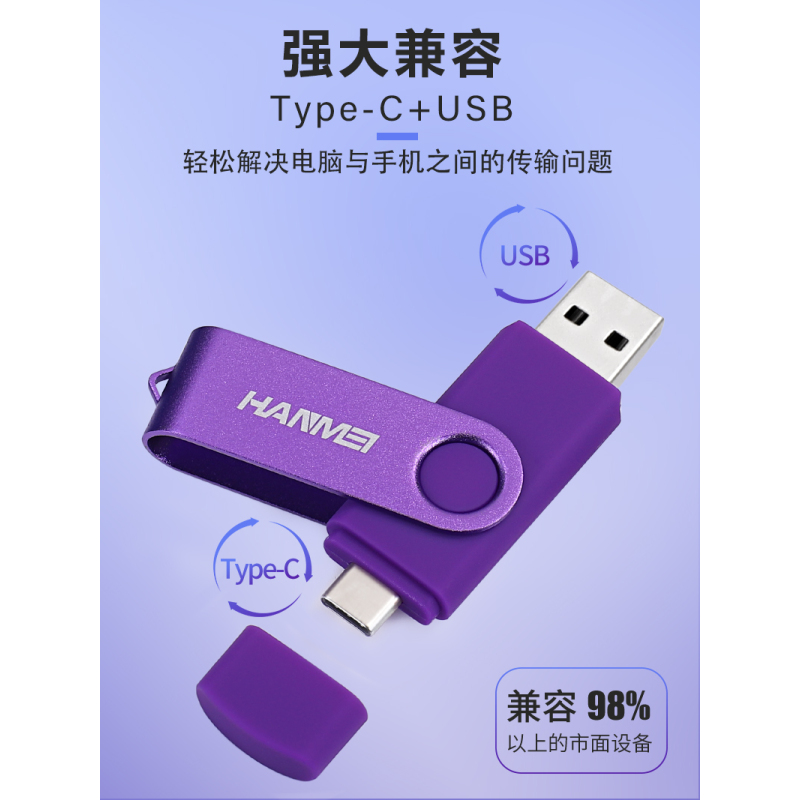 两用u盘128g安卓typec手机电脑双插口oppo华为vivo激|64G蓝色，手机电脑两用【Type-C扁圆手机口】