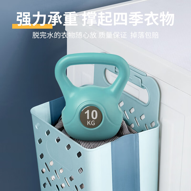 谋福 壁挂脏衣篮 折叠洗衣篮 杂物置物篮 脏衣篓(北欧蓝特大号高配背胶)(1个装)高清大图