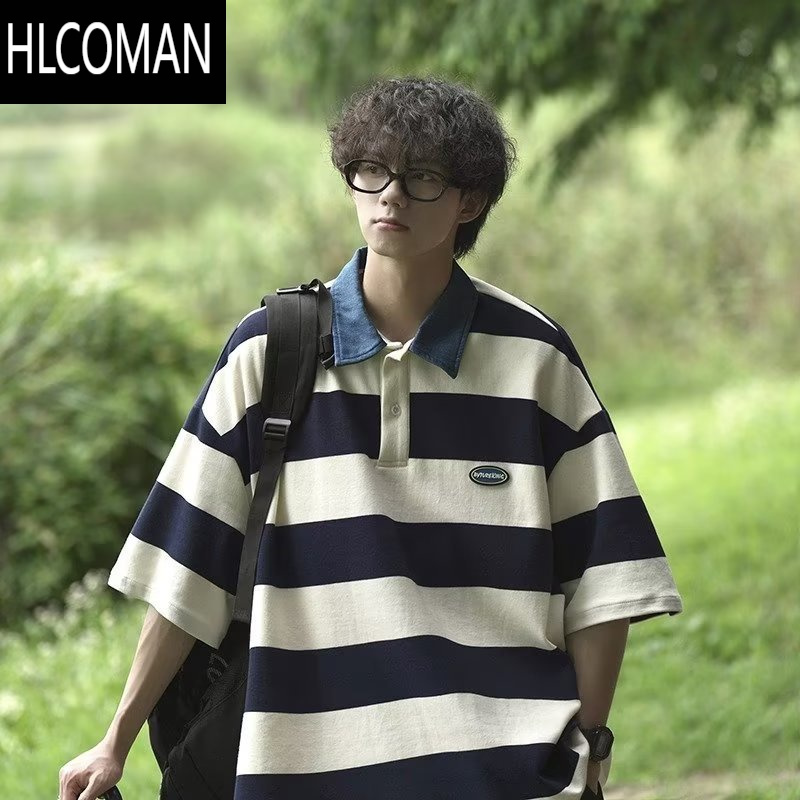 HLCOMAN日系cityboy条纹翻领短袖t恤男25夏季时尚潮流原宿休闲宽松polo衫