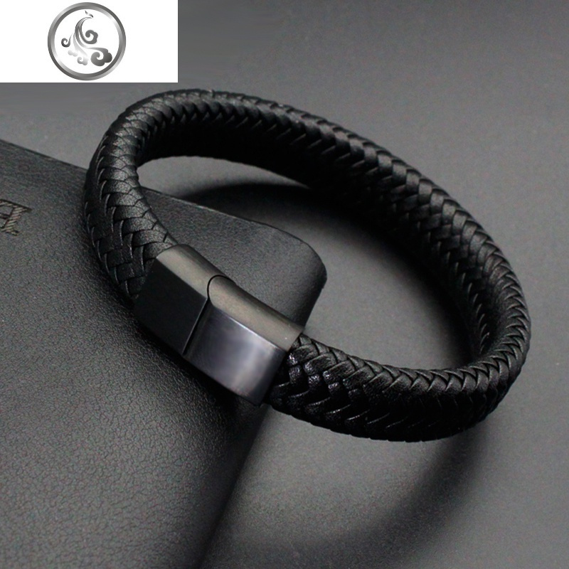 欧美个性时尚男士宽手链牛皮复古编织黑色简约韩版潮真皮学生手环jimi
