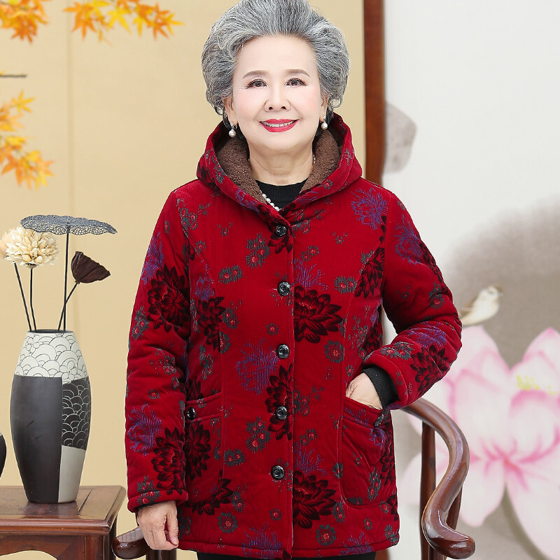 迪鲁奥(DILUAO)老年人冬装女70岁奶奶装棉衣胖妈妈秋冬款老太太老人加厚棉袄衣服 荷花红（单件） XL（建议80-105斤）