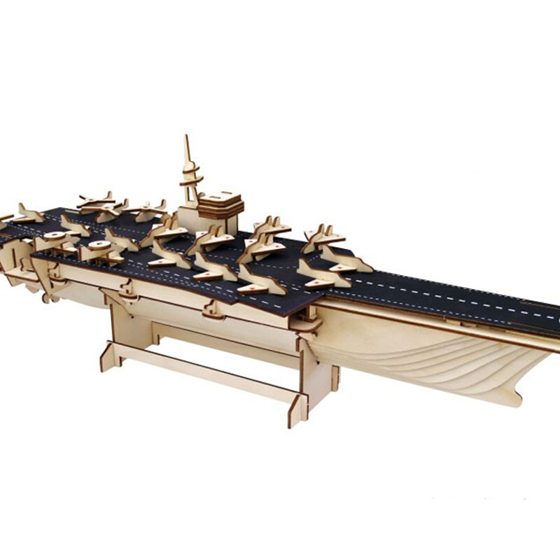 激光刻切割版木质拼图儿童玩具拼插军事模型航空母舰战船立体拼图3d