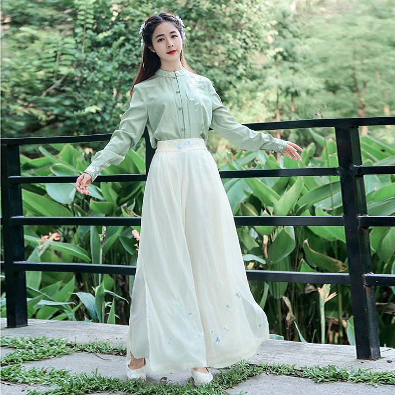 梵克公牛秋款汉服改良刺绣立领长袖衬衫阔腿长裤宋裤两件套装有