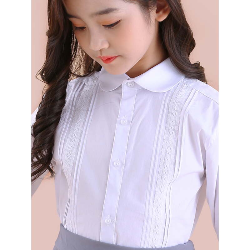 七色王国女童白衬衫棉儿童白色衬衣长袖春秋小学生洋气中大童校园款