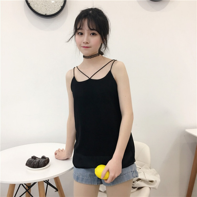 夏装韩版女装白色雪纺衫上衣无袖学生内搭交叉带背心显瘦打底衫白色均码