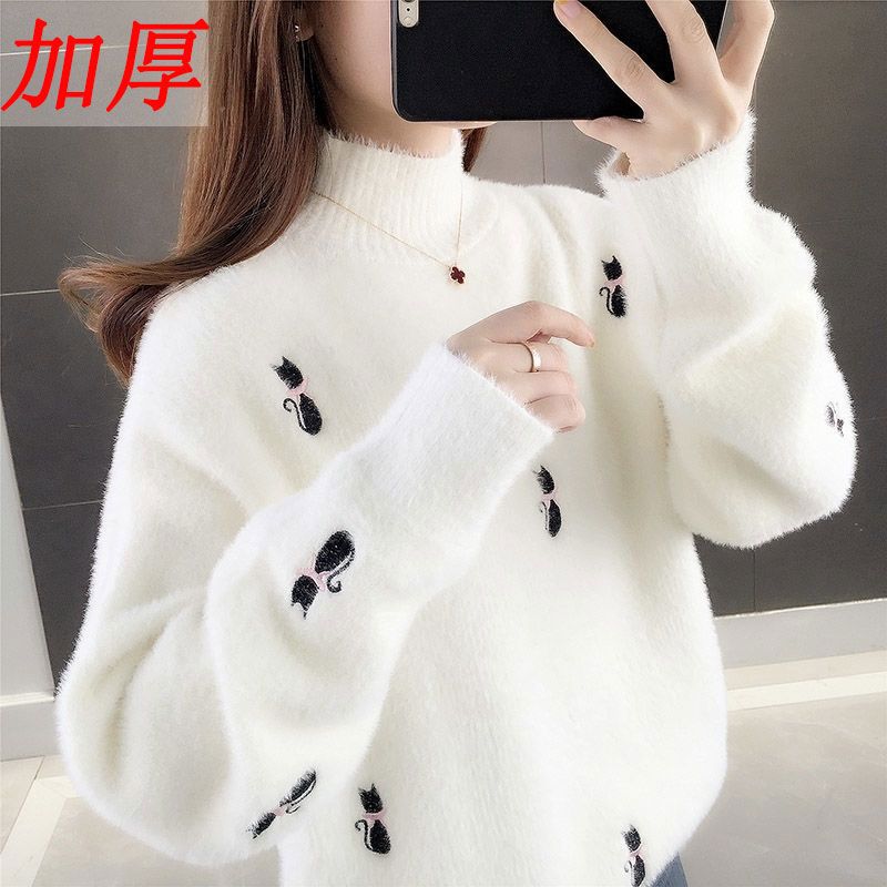 毛衣女半高领秋冬2023新款韩版绣花宽松内搭加厚针织打底衫高清大图