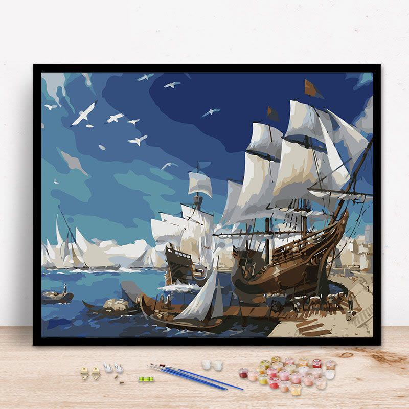 数字油画diy 客厅风景大海帆船大幅手绘涂色画diy油彩画一帆风顺