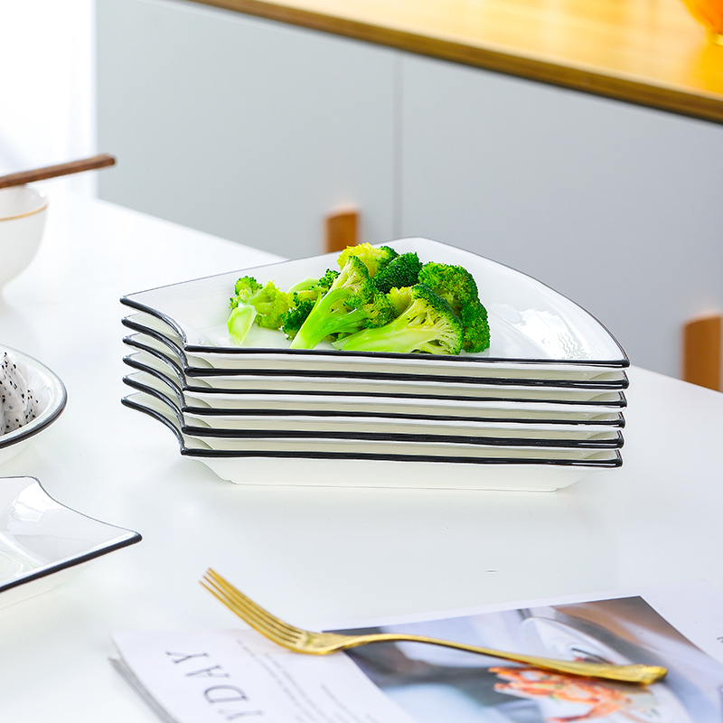 时光旧巷网红火锅盘子套装菜盘家用餐盘创意陶瓷碟子北欧餐具拼盘餐具组合 黑线扇形拼盘6个