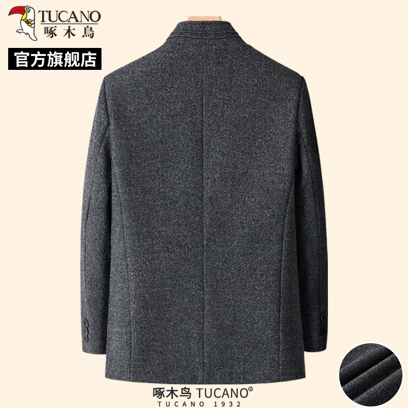 啄木鸟春季新款毛呢大衣爸爸立领中山装婚宴外套中年男士夹克衫领高清大图