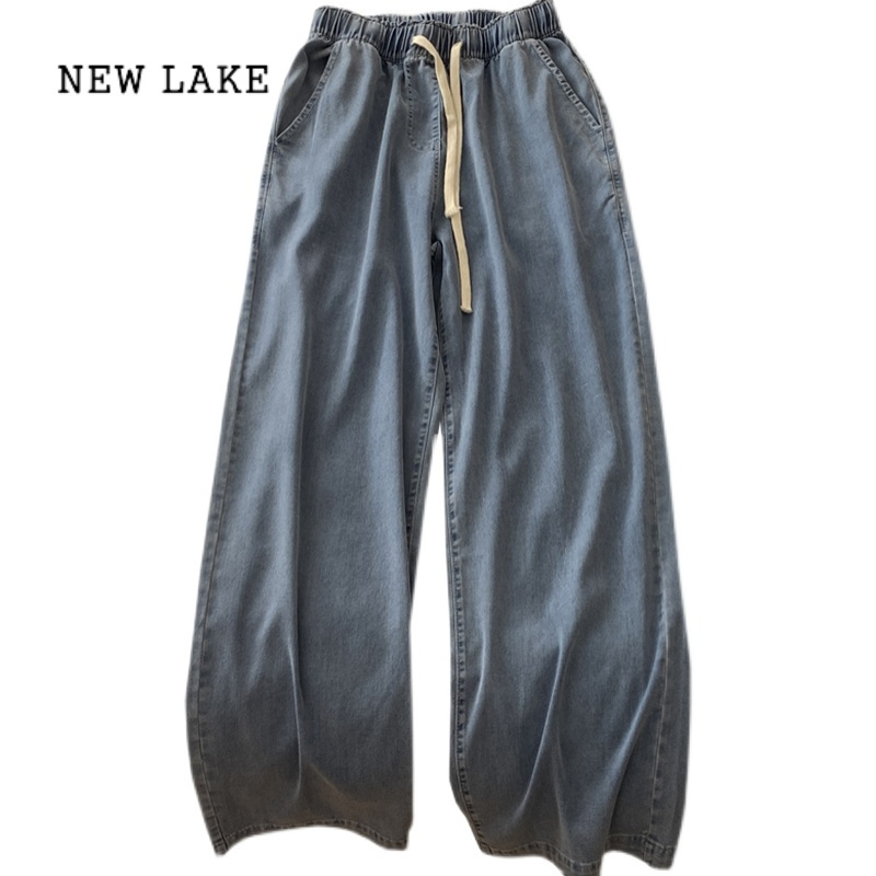 NEW LAKE软牛仔裤女夏天薄款大码高腰梨形身材显瘦垂感松紧腰直筒长裤