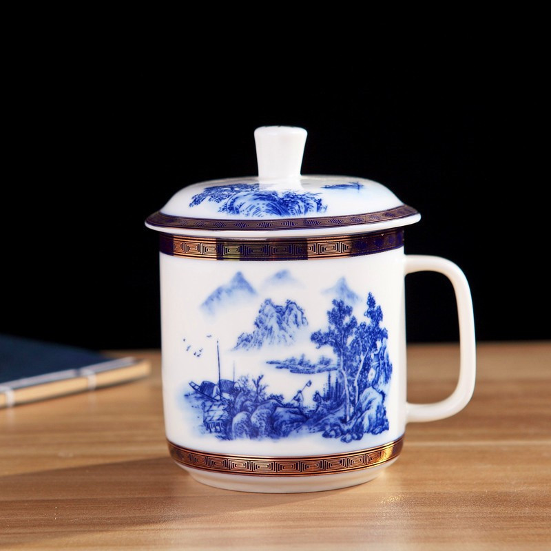 鼎亨茶杯陶瓷景德镇青花瓷器中式泡茶杯子家用男女主人杯带盖套装