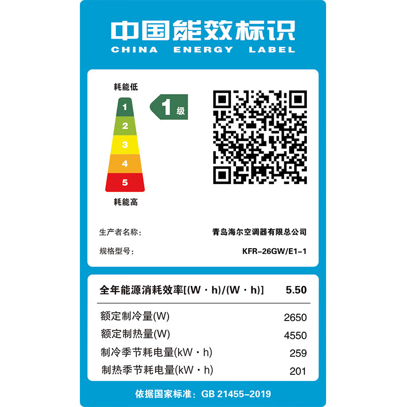 海尔(Haier)空调挂机净省电1匹p变频冷暖新一级智能壁挂式客厅卧室大风口节能省电KFR-26GW/E1-1高清大图