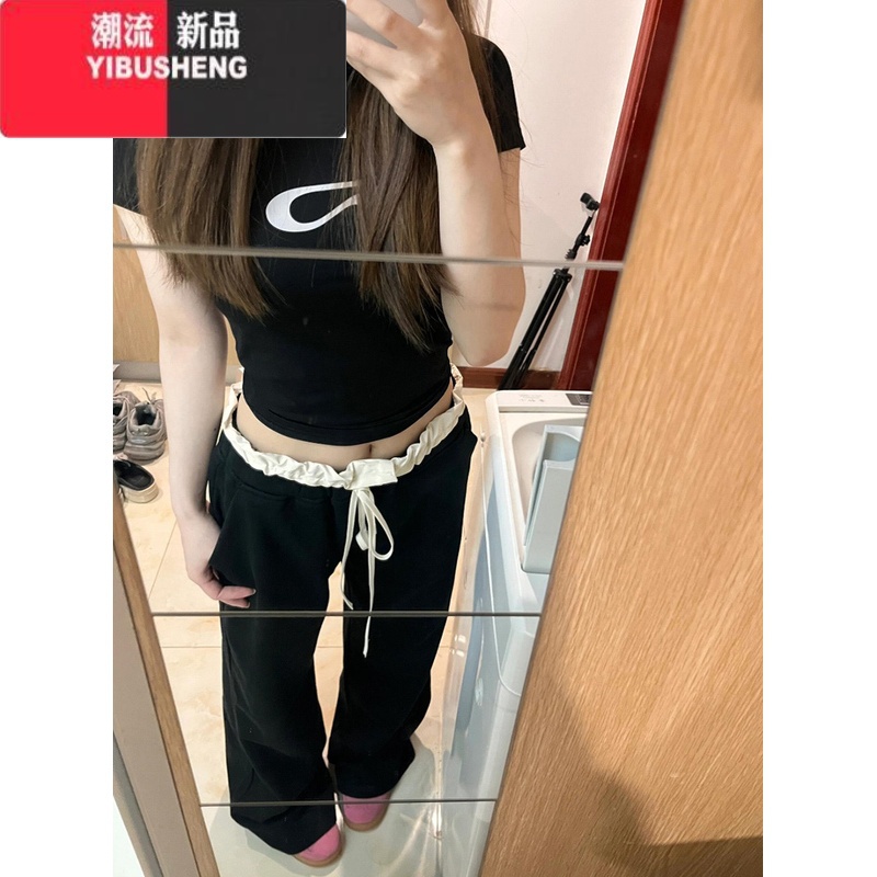 YIBUSHENG国潮牌拼接撞色高腰冰丝休闲裤女季宽松阔腿设计感别致百搭长裤高清大图