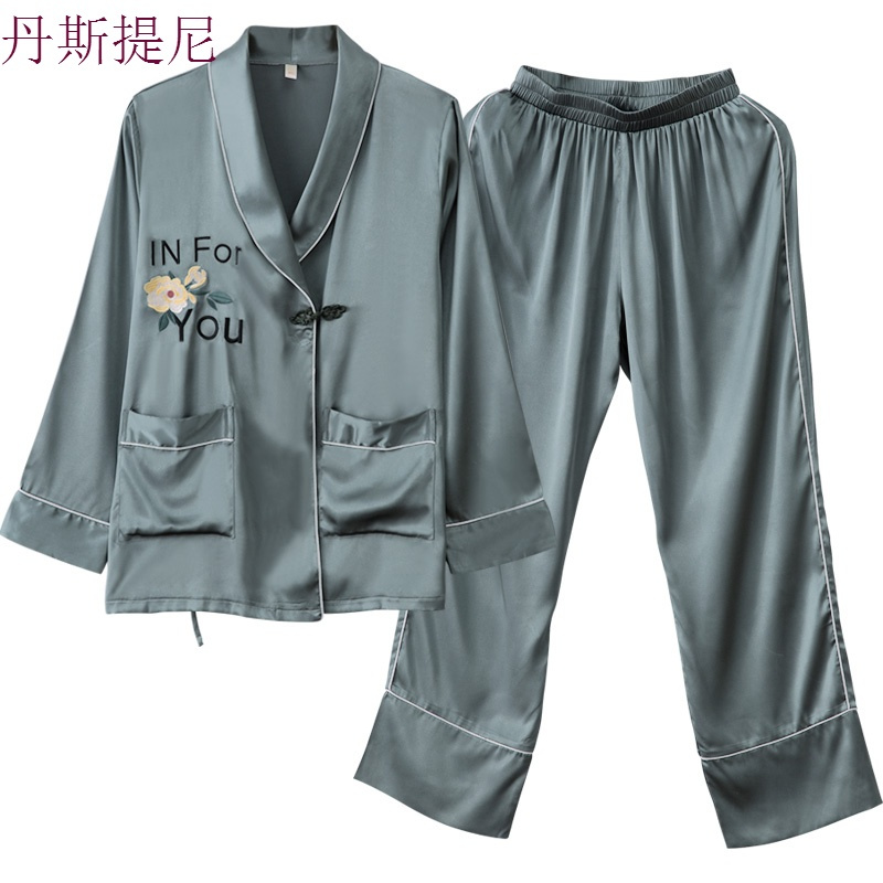 情侣睡衣冰丝长袖薄款春秋女套装睡袍式盘扣古装古风男士家居服