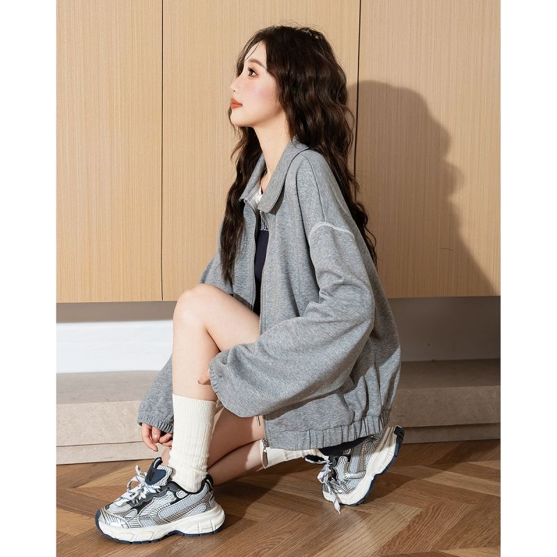 [2.5折价98元]唐狮春秋新款女外套短款翻领简约宽松灰色百搭卫衣夹克上衣k