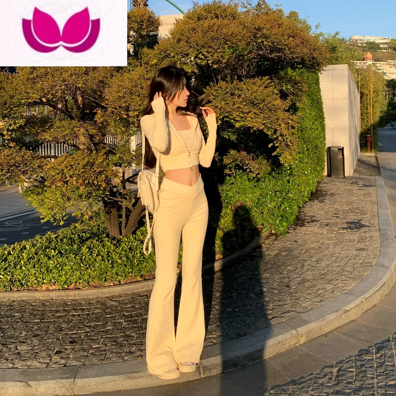 七斓豆豆酱chic【时髦懒人套】运动套装女春季开衫吊带长裤休闲三件套 M 米黄色