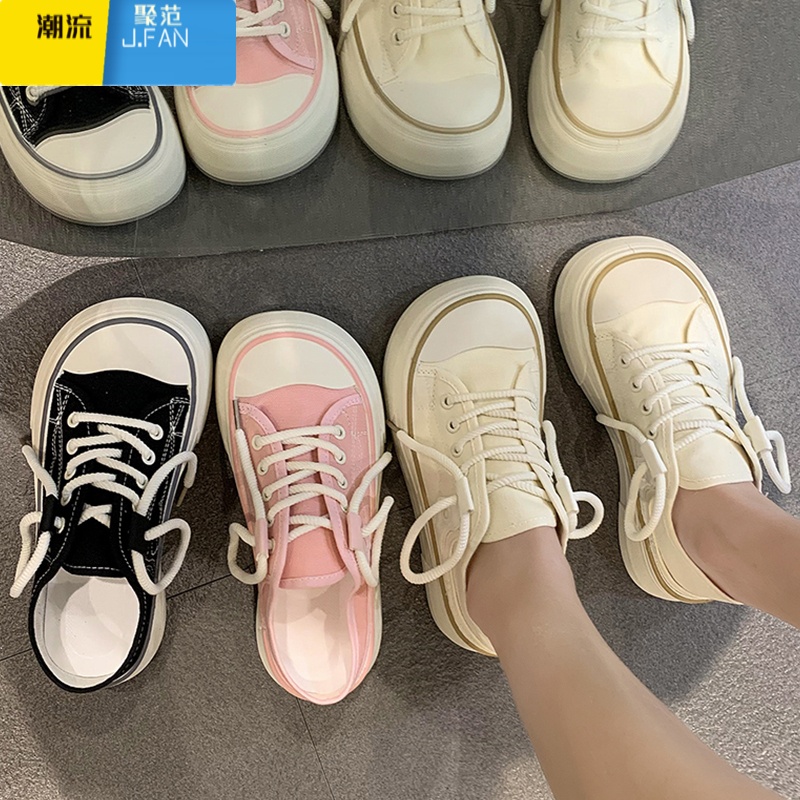 聚范奶呼呼丑萌宽头厚底帆布鞋女2023新款小众芒果头配裙子小白鞋高清大图