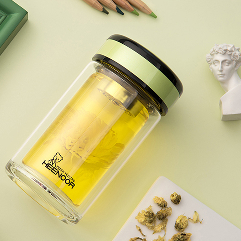 希诺双层玻璃杯 办公可爱水杯子 女士带盖创意便携过滤耐热花茶水杯 XN-9752 220ML