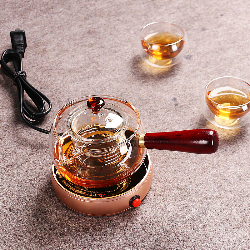 尚帝 耐热玻璃煮茶壶温茶器侧把壶花梨木保温底座泡茶道泡茶壶