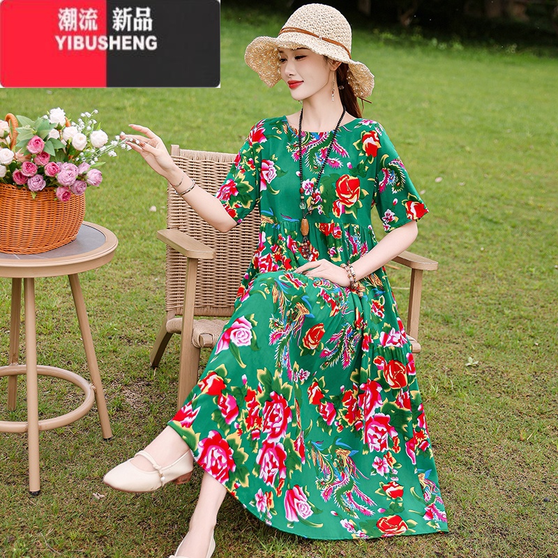 YIBUSHENG季年轻款新款高端棉绸连衣裙气质优雅妈妈短袖薄款高级感沙滩感高清大图