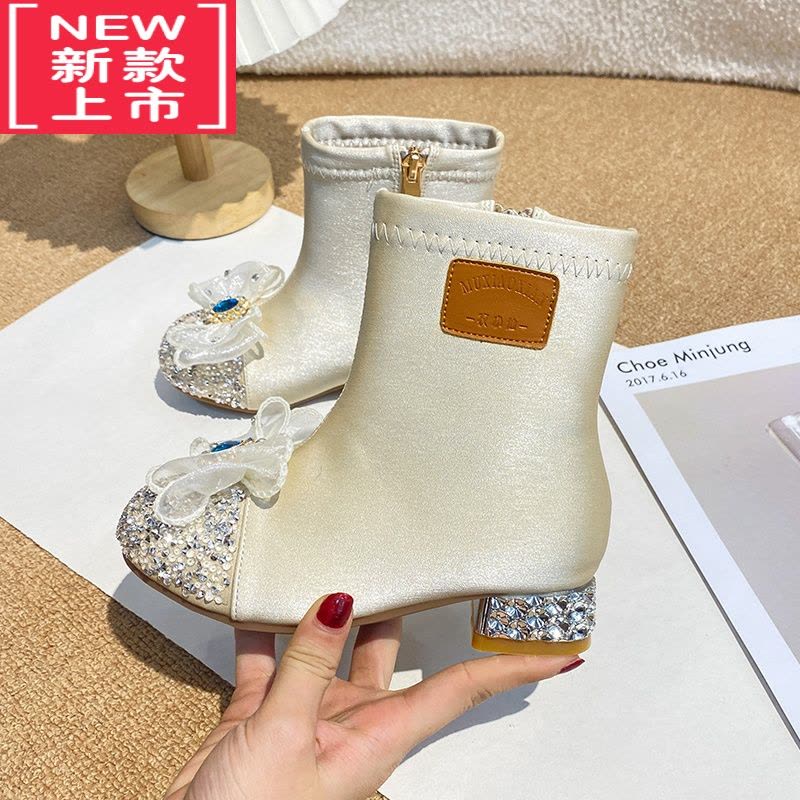 可莉允爱莎女童短靴水晶儿童靴子2022新款冬加绒皮靴宝宝马丁靴公主单靴图片