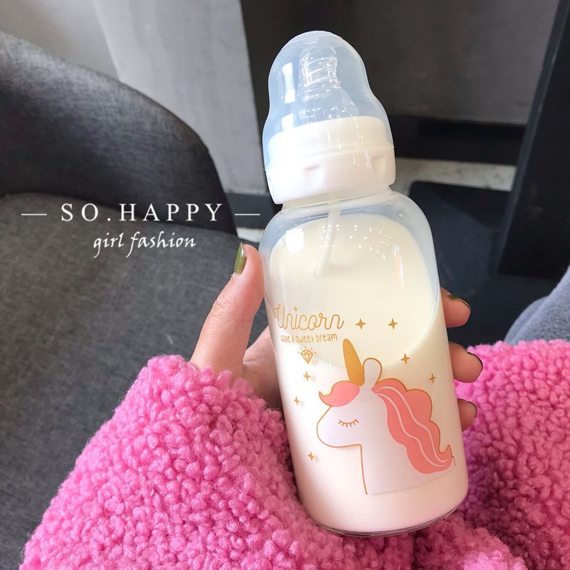 可爱水杯奶嘴吸管玻璃杯女便携随手成人小巧奶瓶学生杯子奶瓶大头